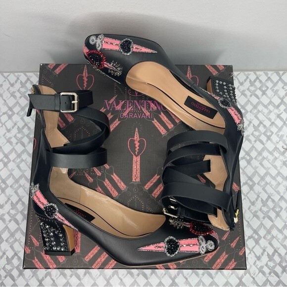 Valentino Garavani Love Blade Embellished Ankle Strap 65mm Pumps, Black, size 7 - Picture 9 of 15